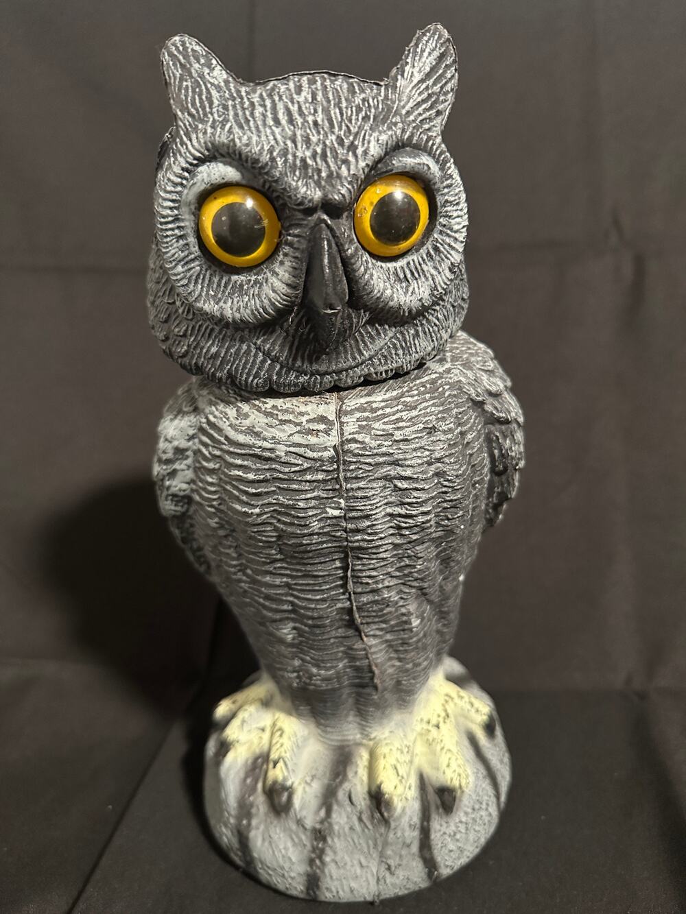 Vintage Halloween Owl Statue Large Yellow Eyes Spooky Gray Bird Decor 8”
